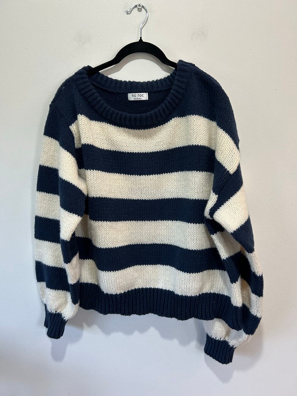 Tic Toc blue white striped knit sweater womens L round neck nautical breton